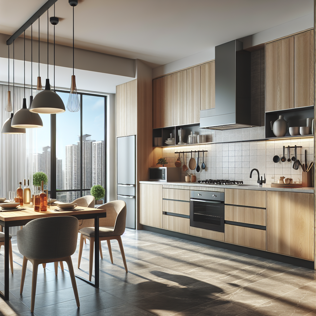 Realistic stock image of modern kitchen in apartment.